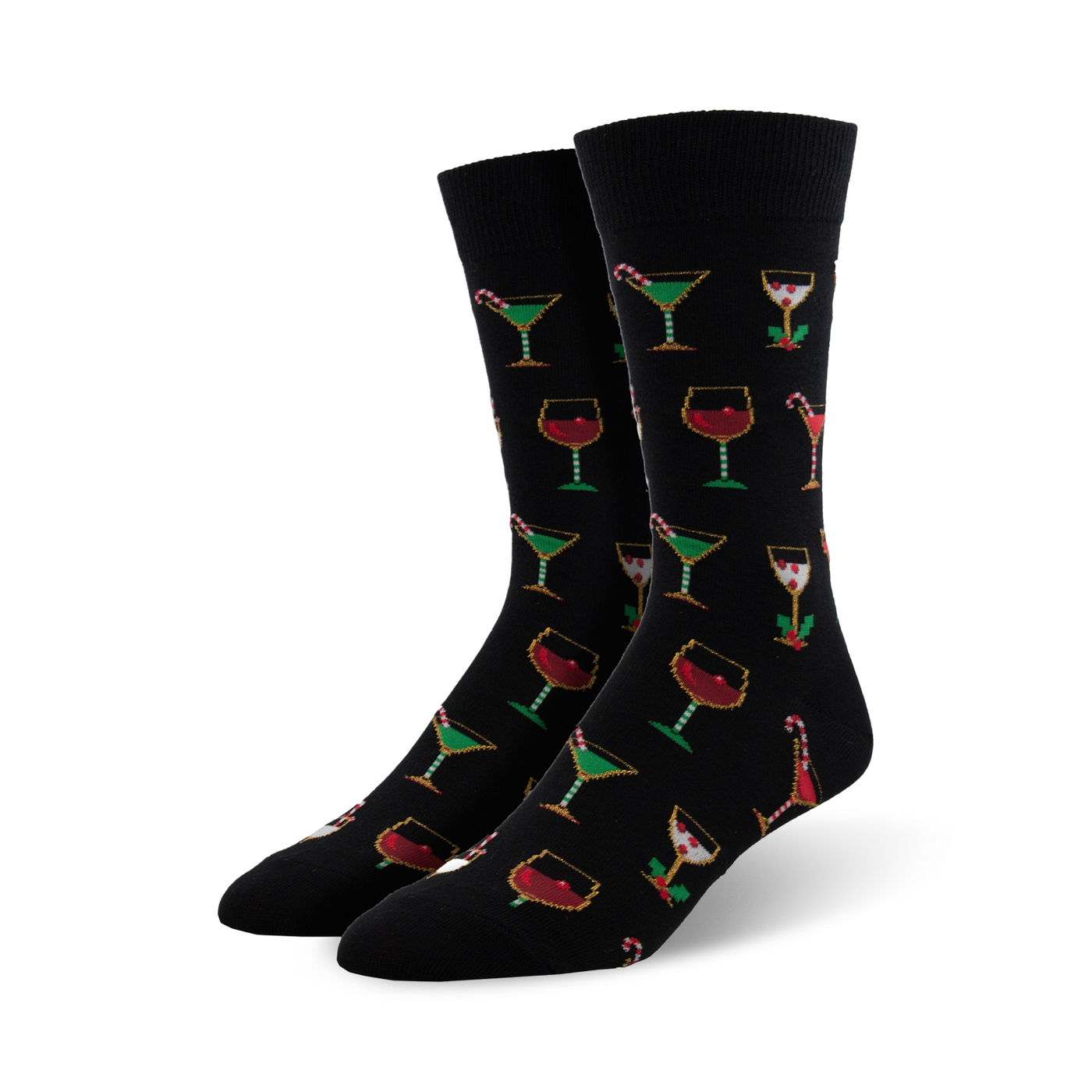 Pair of black crew socks with a pattern of pixelated Christmas cocktails: martinis, wine glasses, and candy canes.