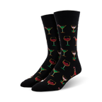Pair of black crew socks with a pattern of pixelated Christmas cocktails: martinis, wine glasses, and candy canes.