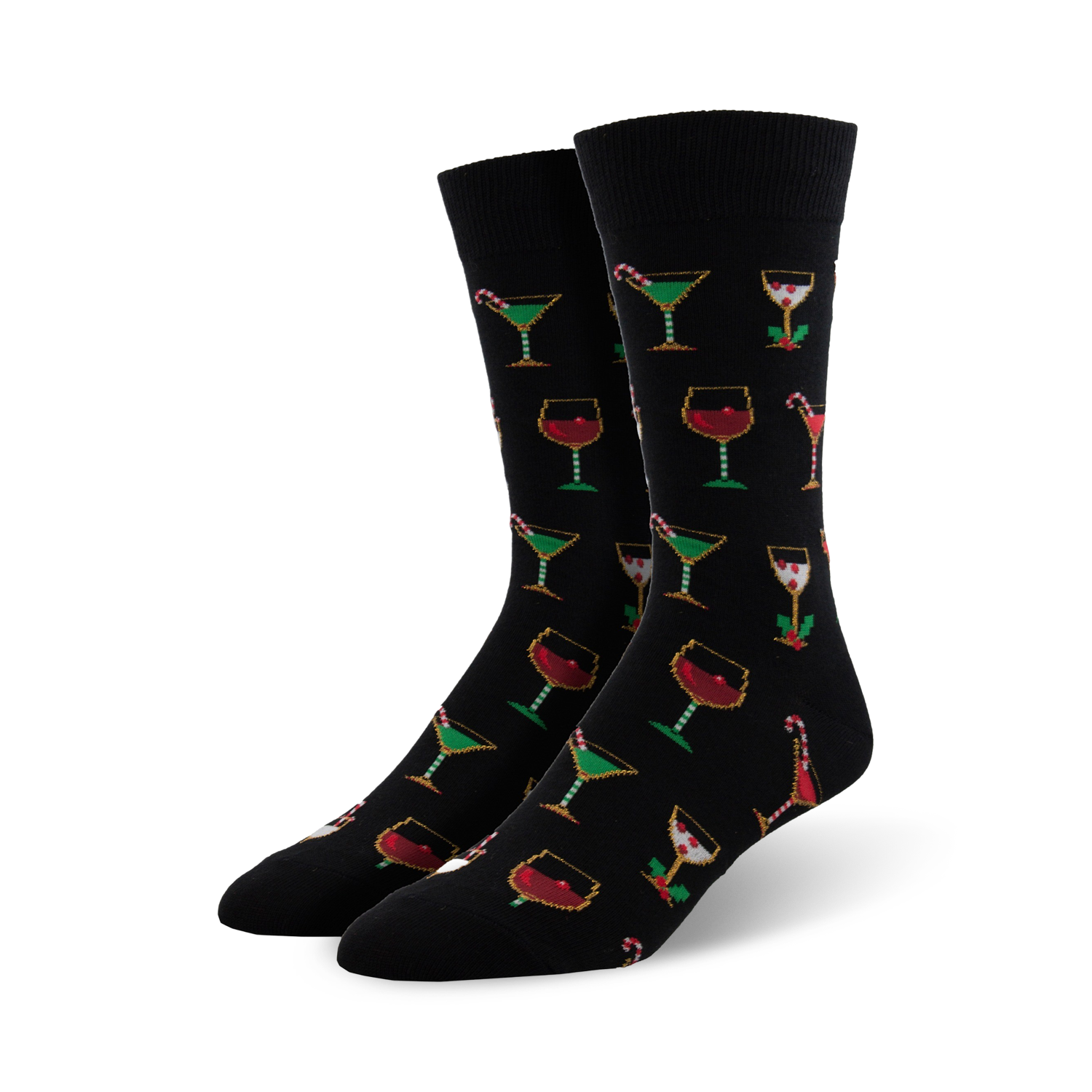 Pair of black crew socks with a pattern of pixelated Christmas cocktails: martinis, wine glasses, and candy canes.