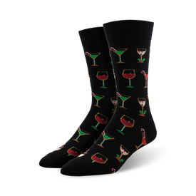 mens black holiday socks with cocktails, candy canes, and holly patterns.   