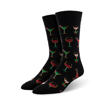 mens black holiday socks with cocktails, candy canes, and holly patterns.   