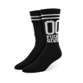 Pair of black crew socks with white stripes and '00 Fucks Given' text.