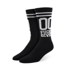 Pair of black crew socks with white stripes and '00 Fucks Given' text.