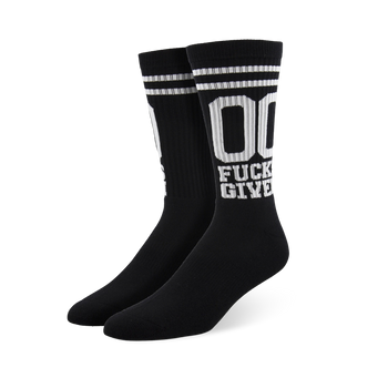 Pair of black crew socks with white stripes and '00 Fucks Given' text.