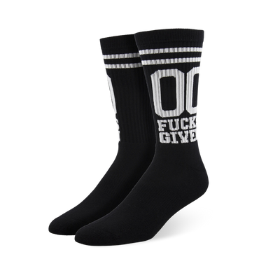 Pair of black crew socks with white stripes and '00 Fucks Given' text.