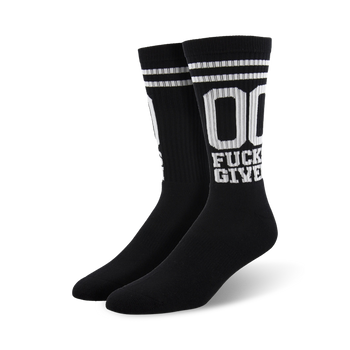 quirky black crew socks with white stripes and text graphic "00 fucks given"  