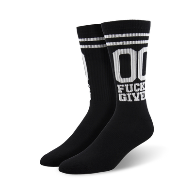 quirky black crew socks with white stripes and text graphic "00 fucks given"  