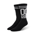 Flat lay studio shot of a pair of black '00 Fucks Given' socks.