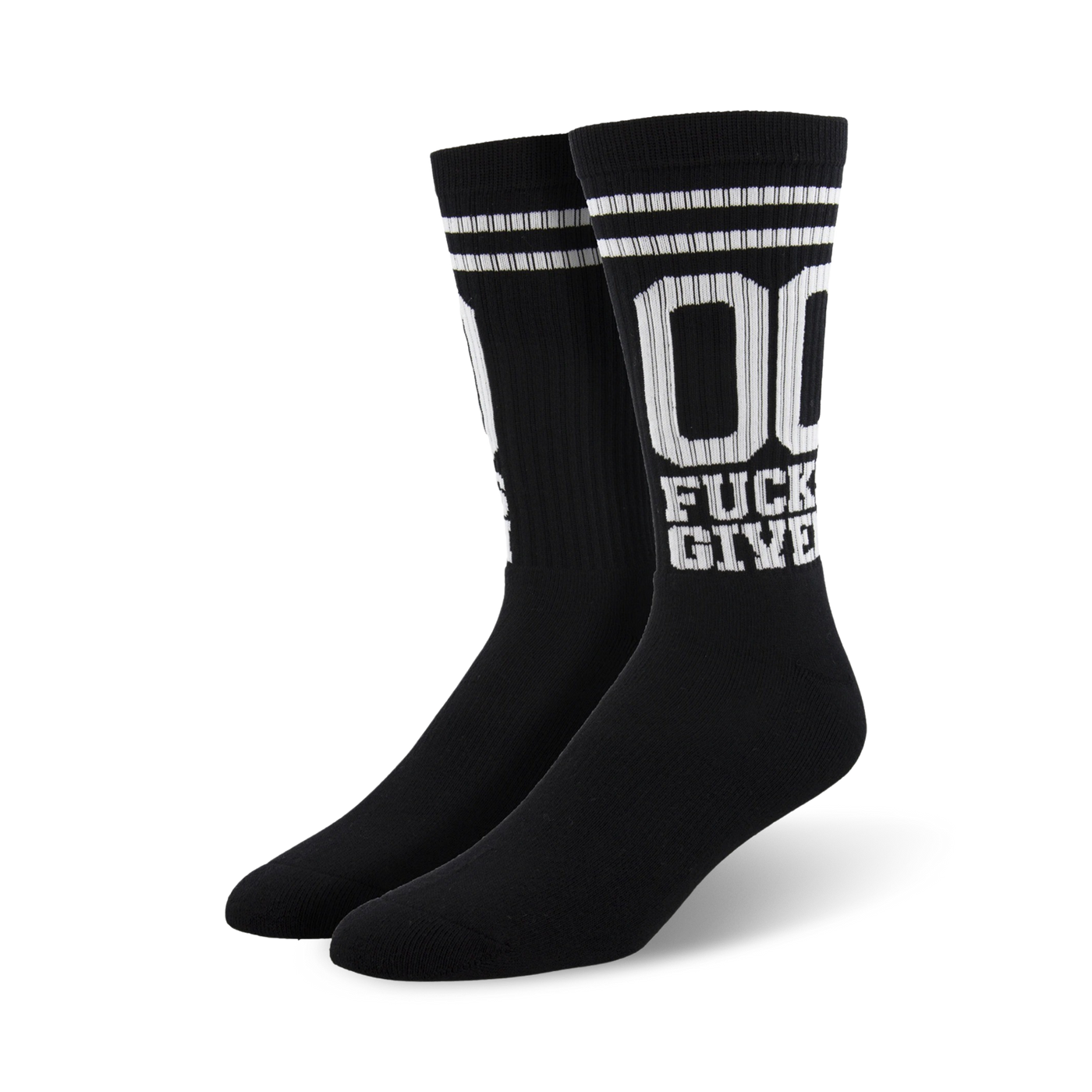 Flat lay studio shot of a pair of black '00 Fucks Given' socks.