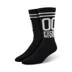 Flat lay studio shot of a pair of black '00 Fucks Given' socks.