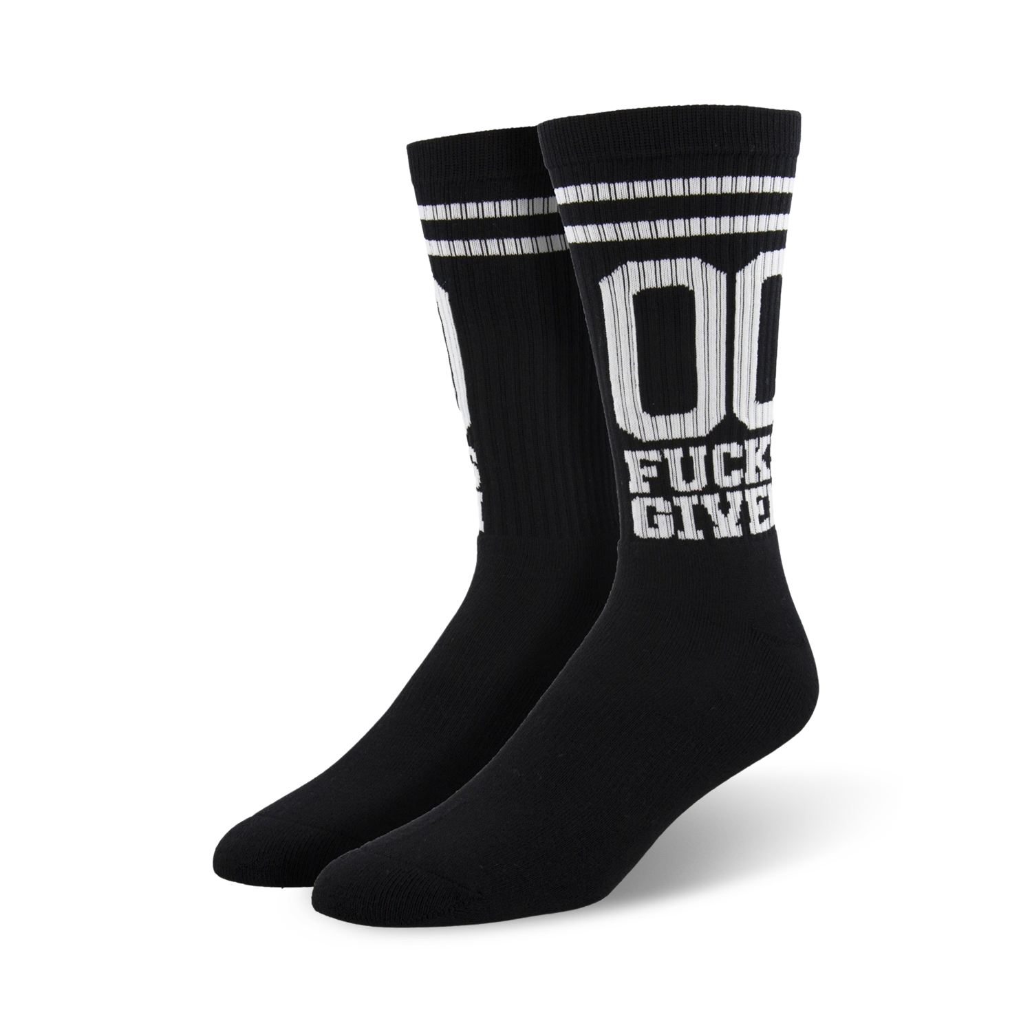 Flat lay studio shot of a pair of black '00 Fucks Given' socks.