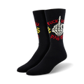 Pair of black crew socks featuring a skeleton giving the middle finger and the phrase 'Fuck You. Pay Me!' in red and yellow.