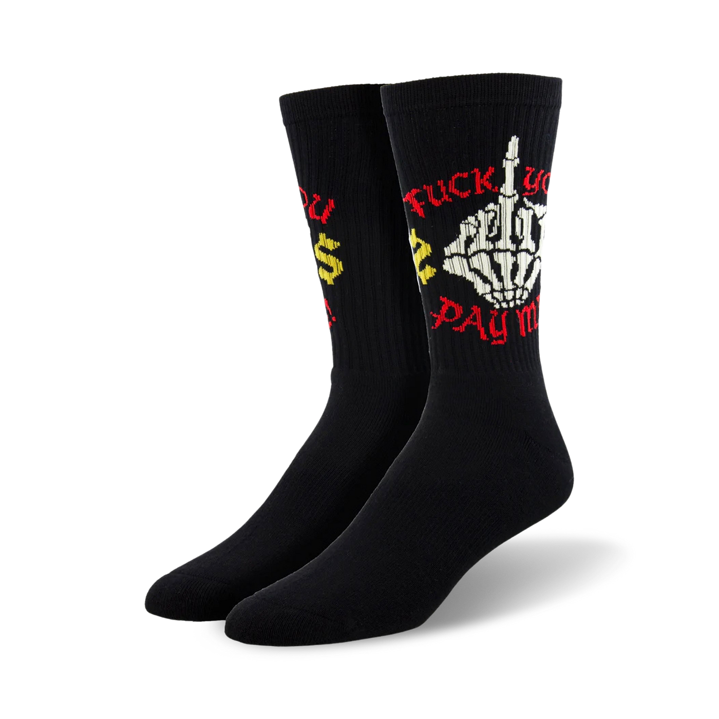 Pair of black crew socks featuring a skeleton giving the middle finger and the phrase 'Fuck You. Pay Me!' in red and yellow.