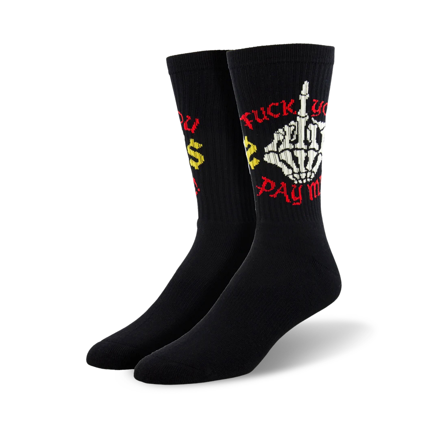 Pair of black crew socks featuring a skeleton giving the middle finger and the phrase 'Fuck You. Pay Me!' in red and yellow.