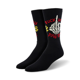  sassy black socks with red and yellow text and middle finger graphic saying '{fuck you} {pay me}'.   