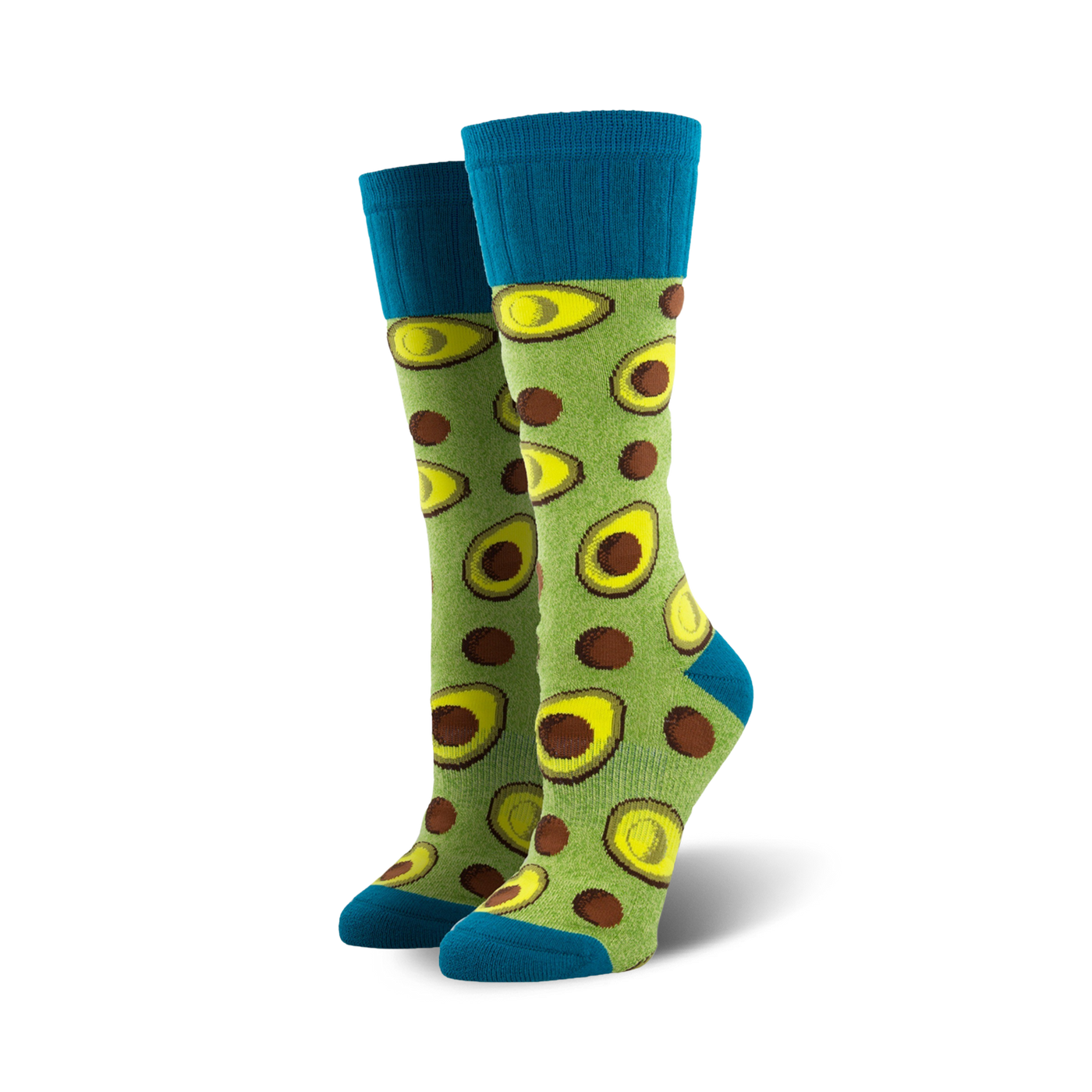 Pair of lime green crew socks featuring avocado slices and brown dots. Teal blue cuffs.