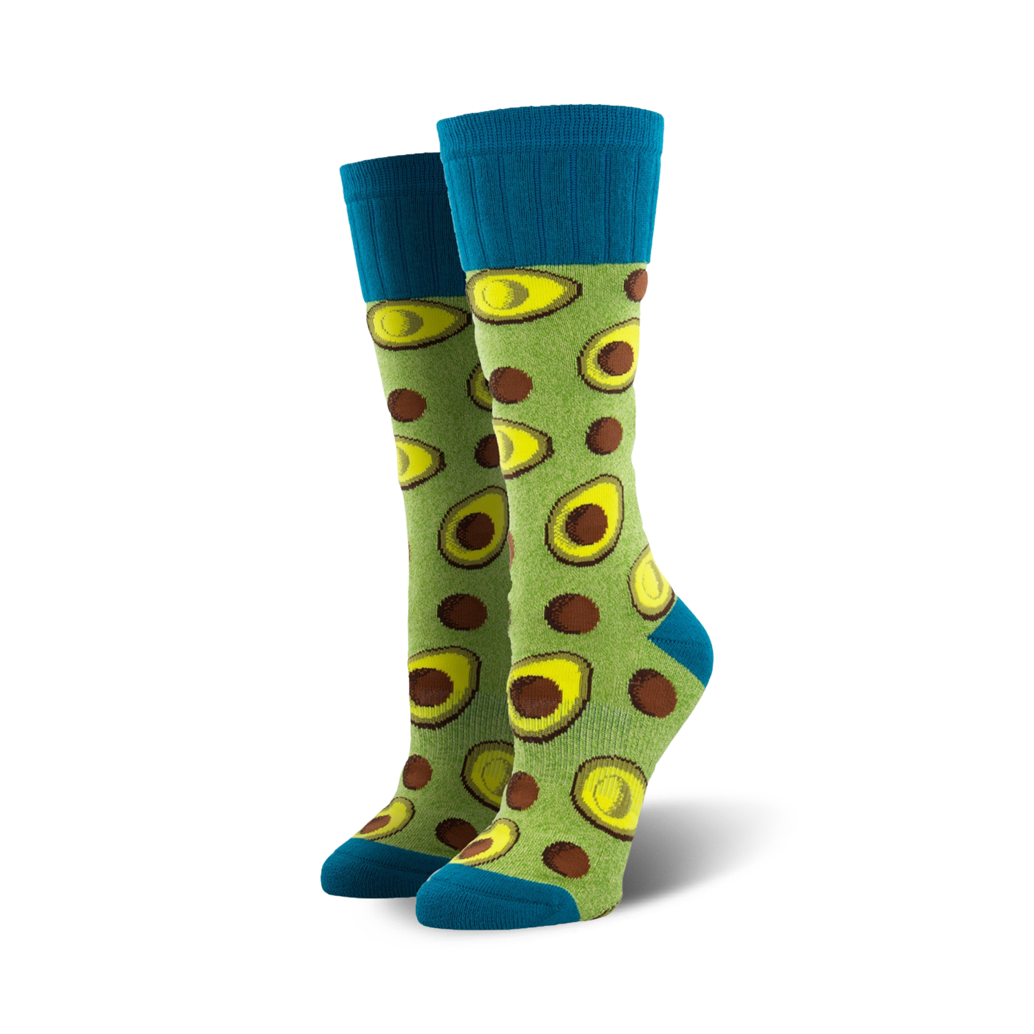 Pair of lime green crew socks featuring avocado slices and brown dots. Teal blue cuffs.