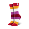 Pair of Lesbian Pride crew socks in red, orange, purple, and white horizontal stripes. 