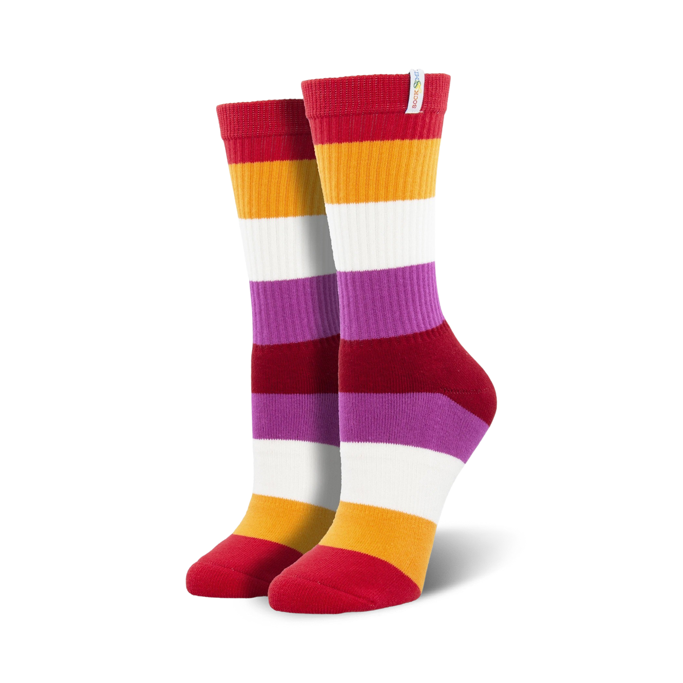 Pair of Lesbian Pride crew socks in red, orange, purple, and white horizontal stripes. 