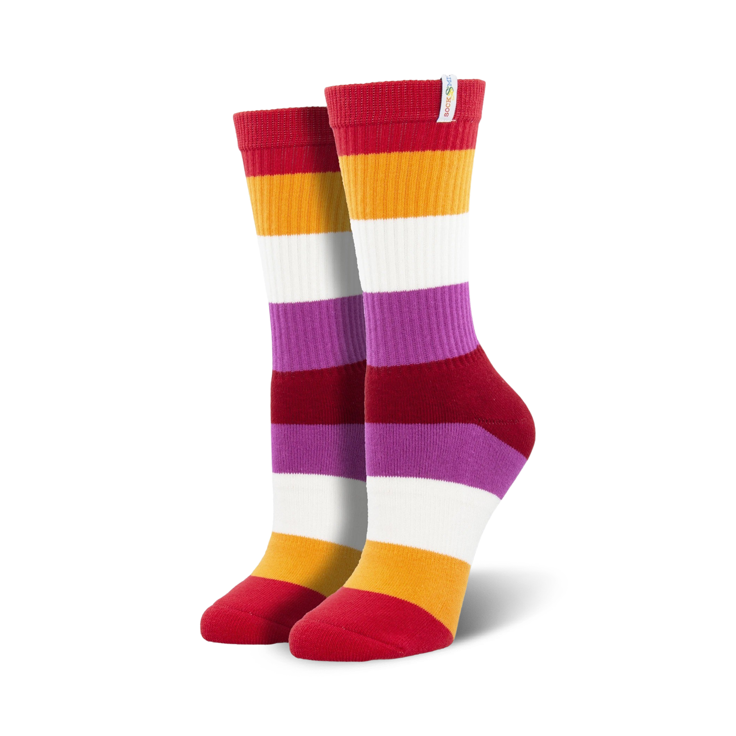 Pair of Lesbian Pride crew socks in red, orange, purple, and white horizontal stripes. 