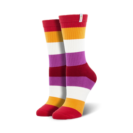 crew-length lesbian pride socks with seven colorful stripes: red, orange, yellow, white, purple, burgundy, and white.  