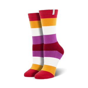 lesbian pride crew socks; 7-stripe repeating color pattern of burgundy, orange, white, purple, white, orange, and burgundy. for men and women.  