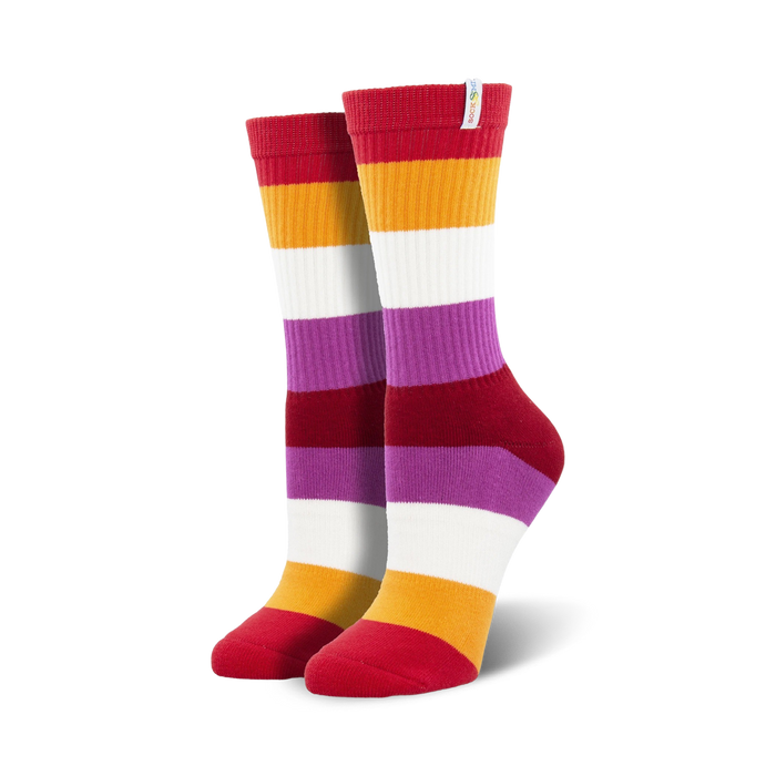 lesbian pride crew socks; 7-stripe repeating color pattern of burgundy, orange, white, purple, white, orange, and burgundy. for men and women.  