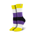 Pair of Non-Binary Pride crew socks in yellow, white, purple, and black horizontal stripes. 
