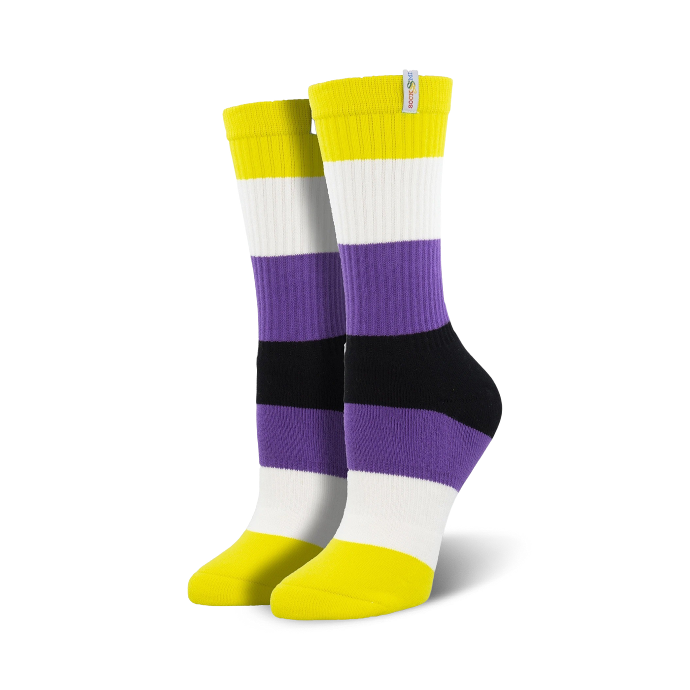 Pair of Non-Binary Pride crew socks in yellow, white, purple, and black horizontal stripes. 