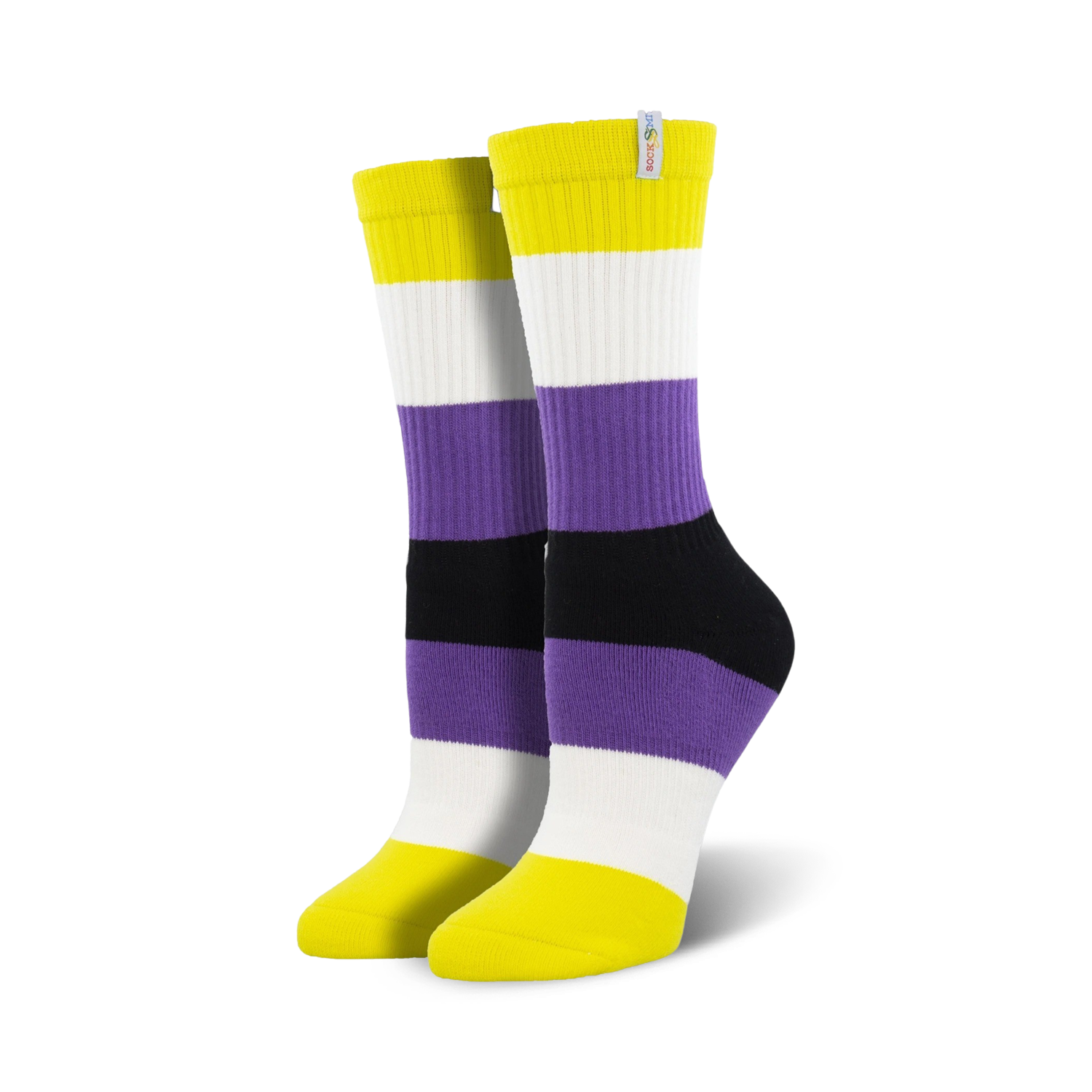 Pair of Non-Binary Pride crew socks in yellow, white, purple, and black horizontal stripes. 