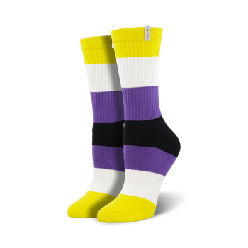 horizontal stripes of yellow, white, purple, black, and white make up this pair of non-binary pride crew socks for men and women.   
