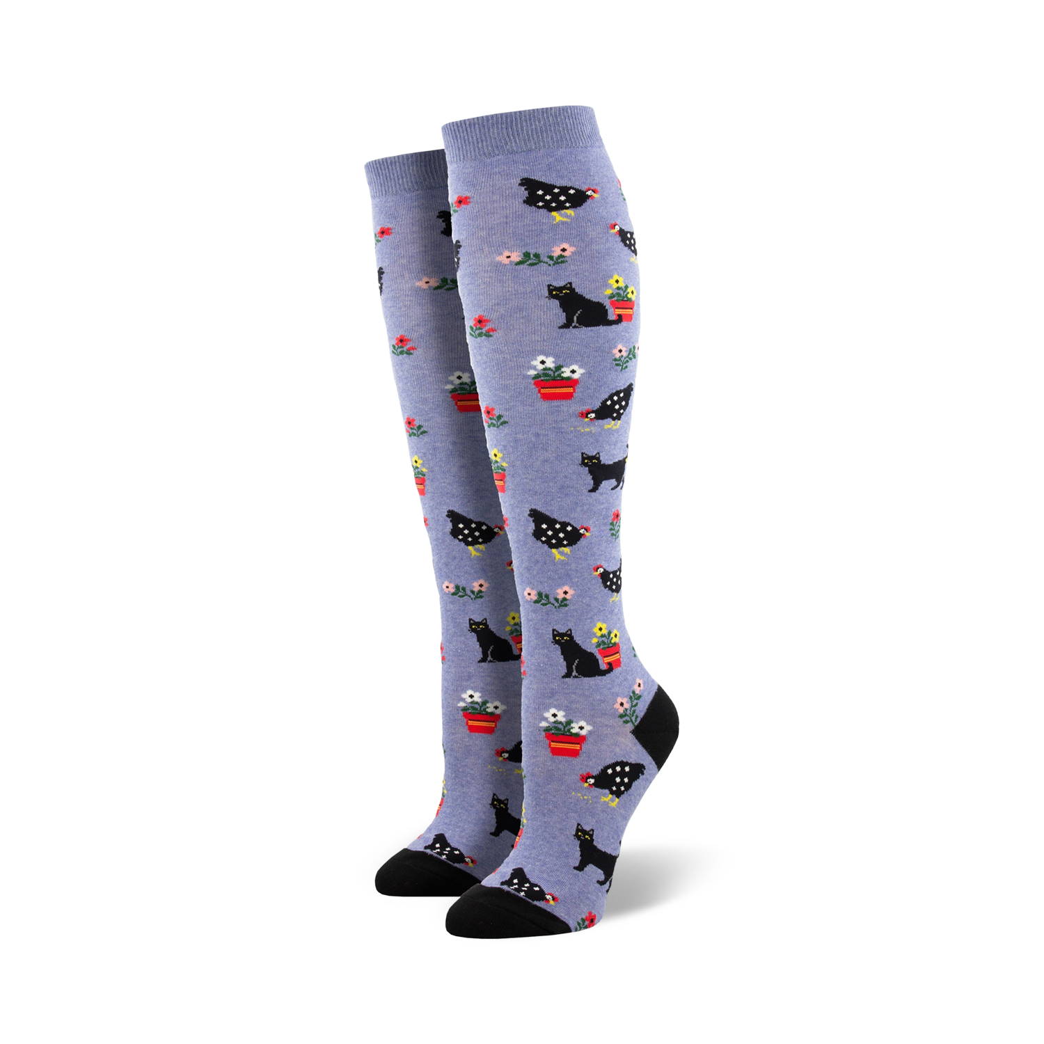 Pair of women's knee-high socks in periwinkle blue. The socks feature a whimsical design of black cats, chickens, and flowers in red pots.