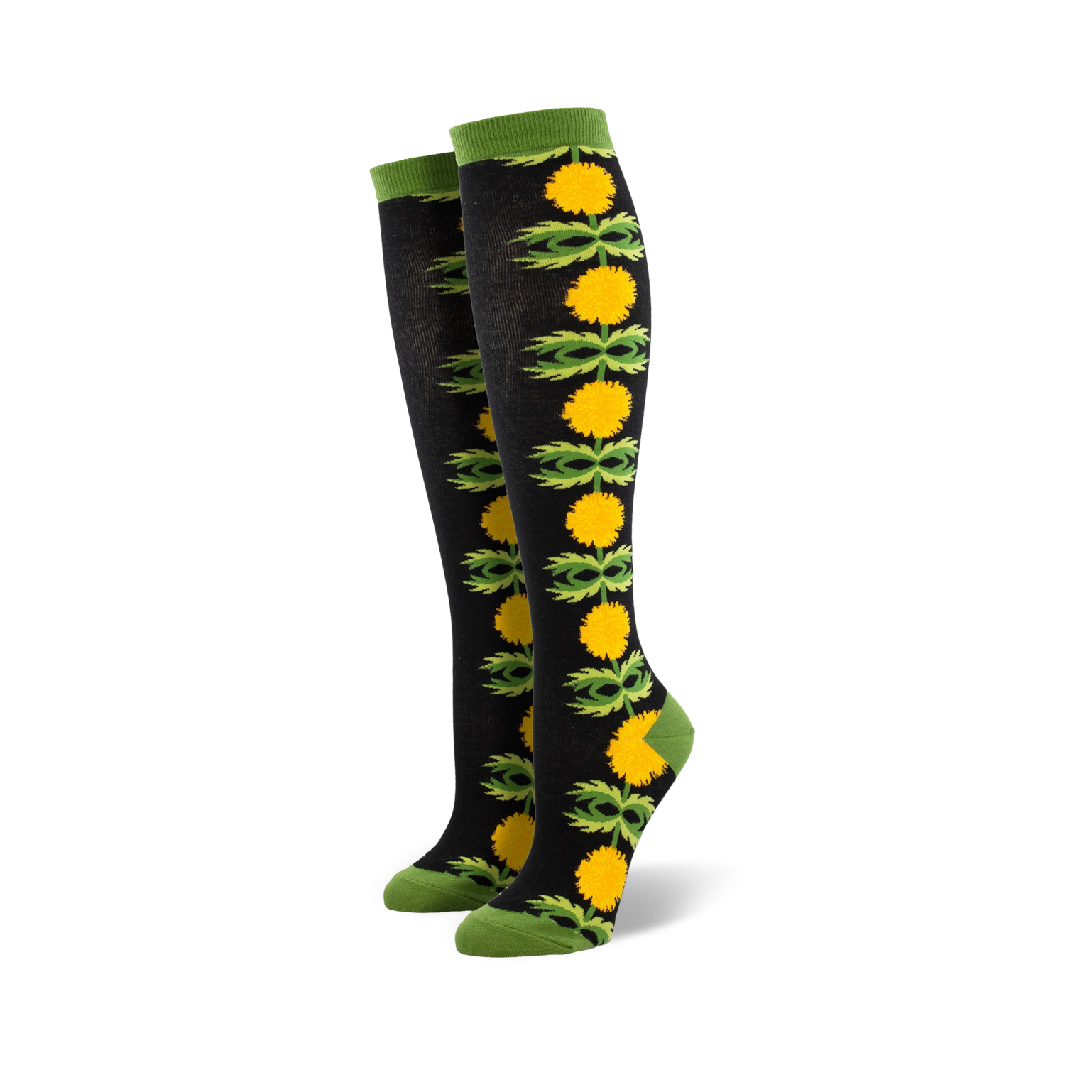Pair of black knee-high socks with a vertical pattern of yellow dandelions and green leaves.