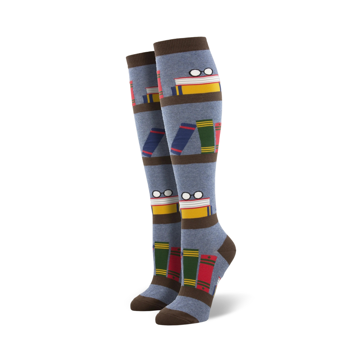 Pair of blue knee-high socks with a bookshelf design. Books, glasses, and brown stripes are featured on a grey-blue background.