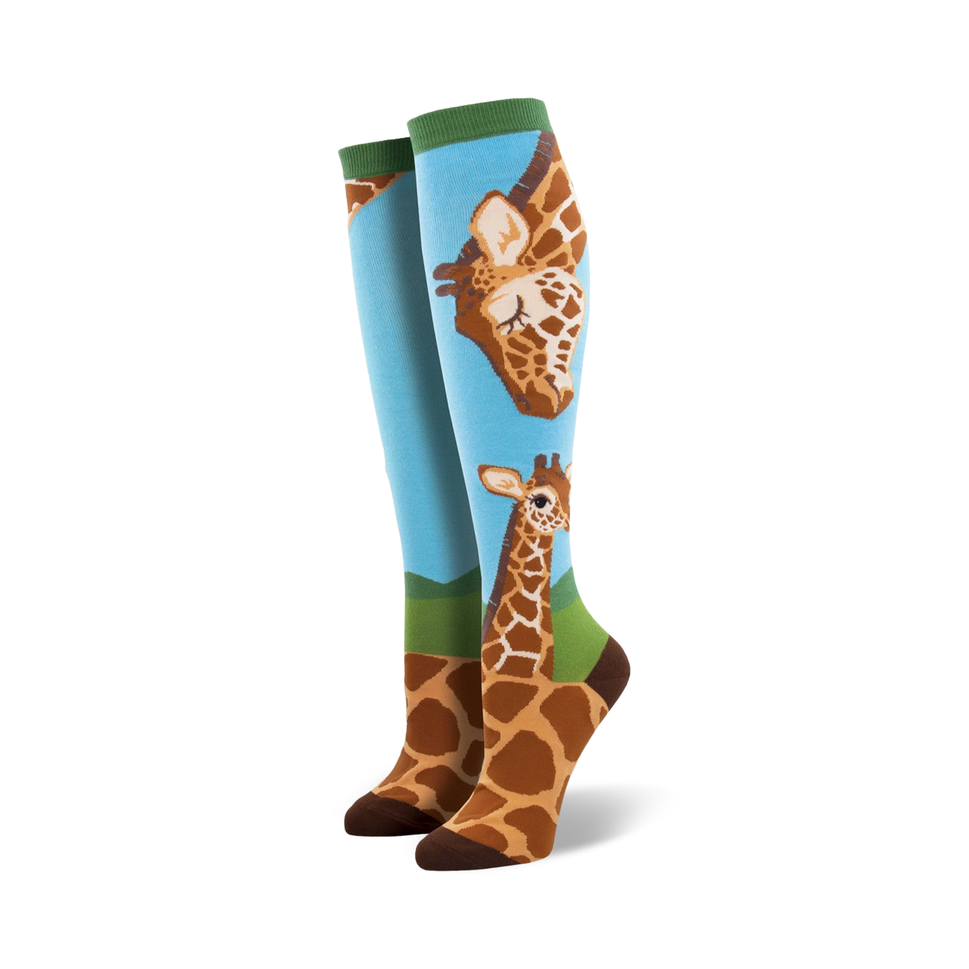 Pair of knee-high socks; light blue background, brown giraffes, green accents. Adult sized.