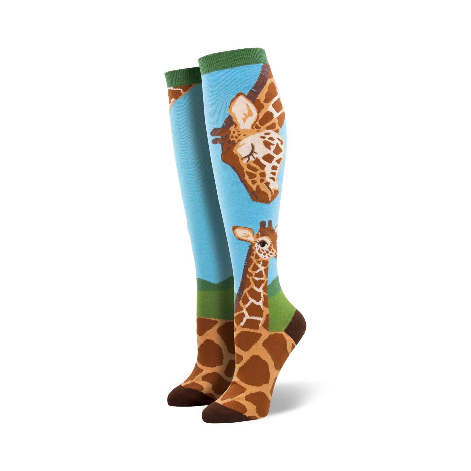 Pair of knee-high socks; light blue background, brown giraffes, green accents. Adult sized.