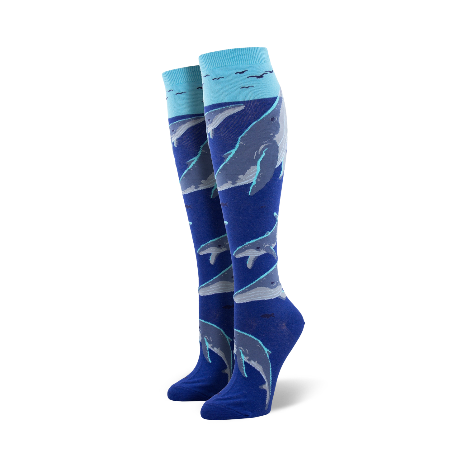 Pair of women's knee-high socks in blue and teal, adorned with a pattern of whales swimming underwater, accented with small birds near the top.