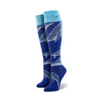 whale watching whale themed womens blue novelty knee high socks