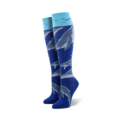 blue whale watching knee-high womens cartoon wave socks.  