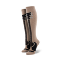 Pair of taupe knee-high socks with a black guitar graphic running down the leg.  The guitar neck features tuning pegs and the body is visible at the ankle.