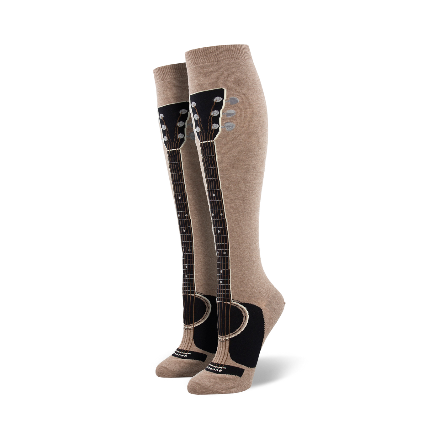 Pair of taupe knee-high socks with a black guitar graphic running down the leg.  The guitar neck features tuning pegs and the body is visible at the ankle.