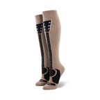 Pair of taupe knee-high socks with a black guitar graphic running down the leg.  The guitar neck features tuning pegs and the body is visible at the ankle.