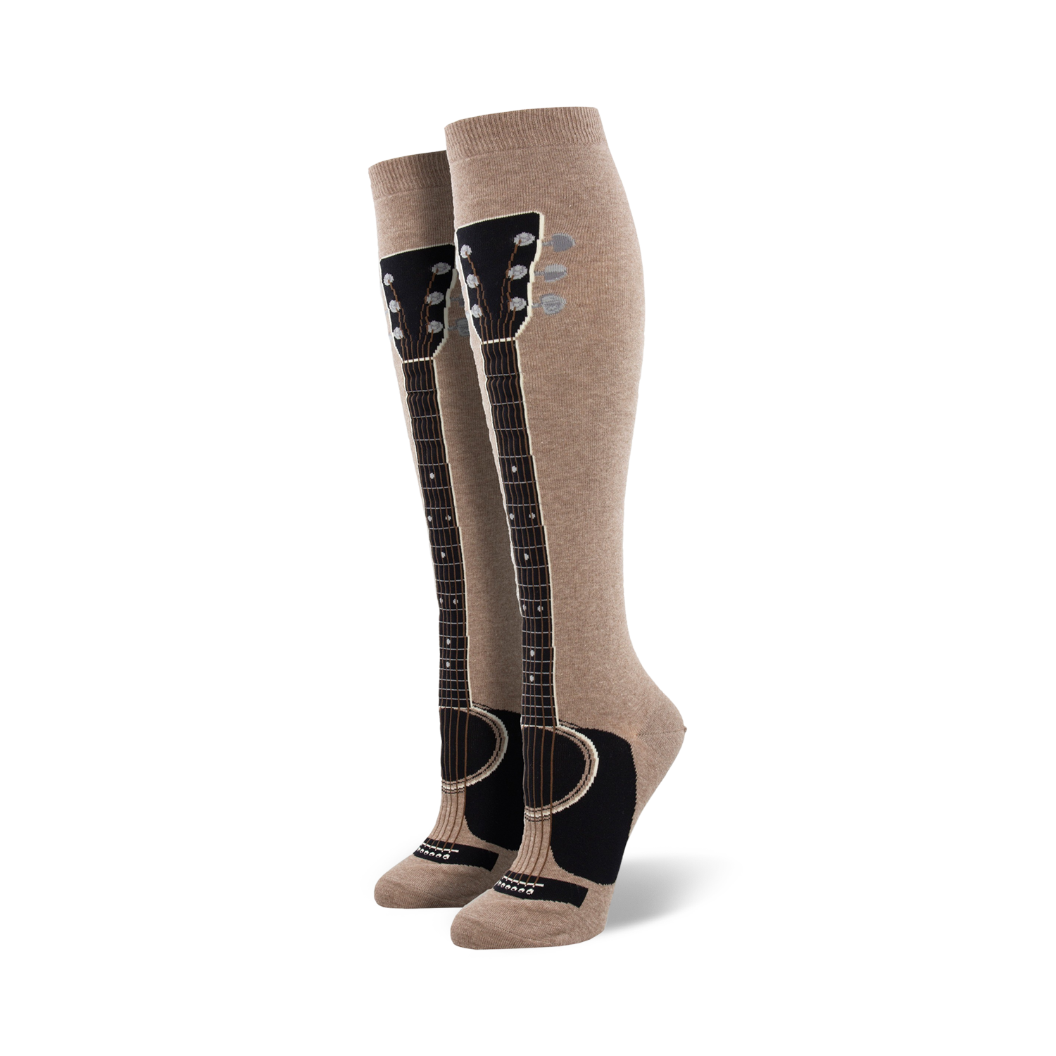 Pair of taupe knee-high socks with a black guitar graphic running down the leg.  The guitar neck features tuning pegs and the body is visible at the ankle.