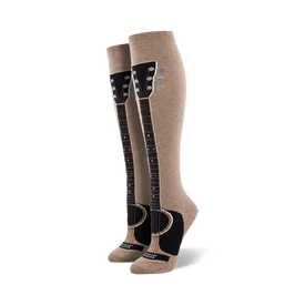 tan knee-high women's socks with brown acoustic guitar pattern and black fretboards and strings.  