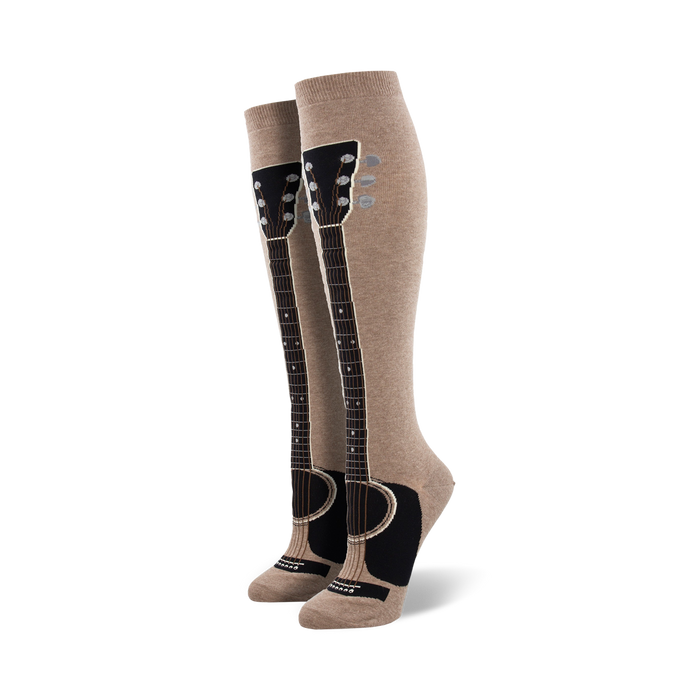 tan knee-high women's socks with brown acoustic guitar pattern and black fretboards and strings.   }}