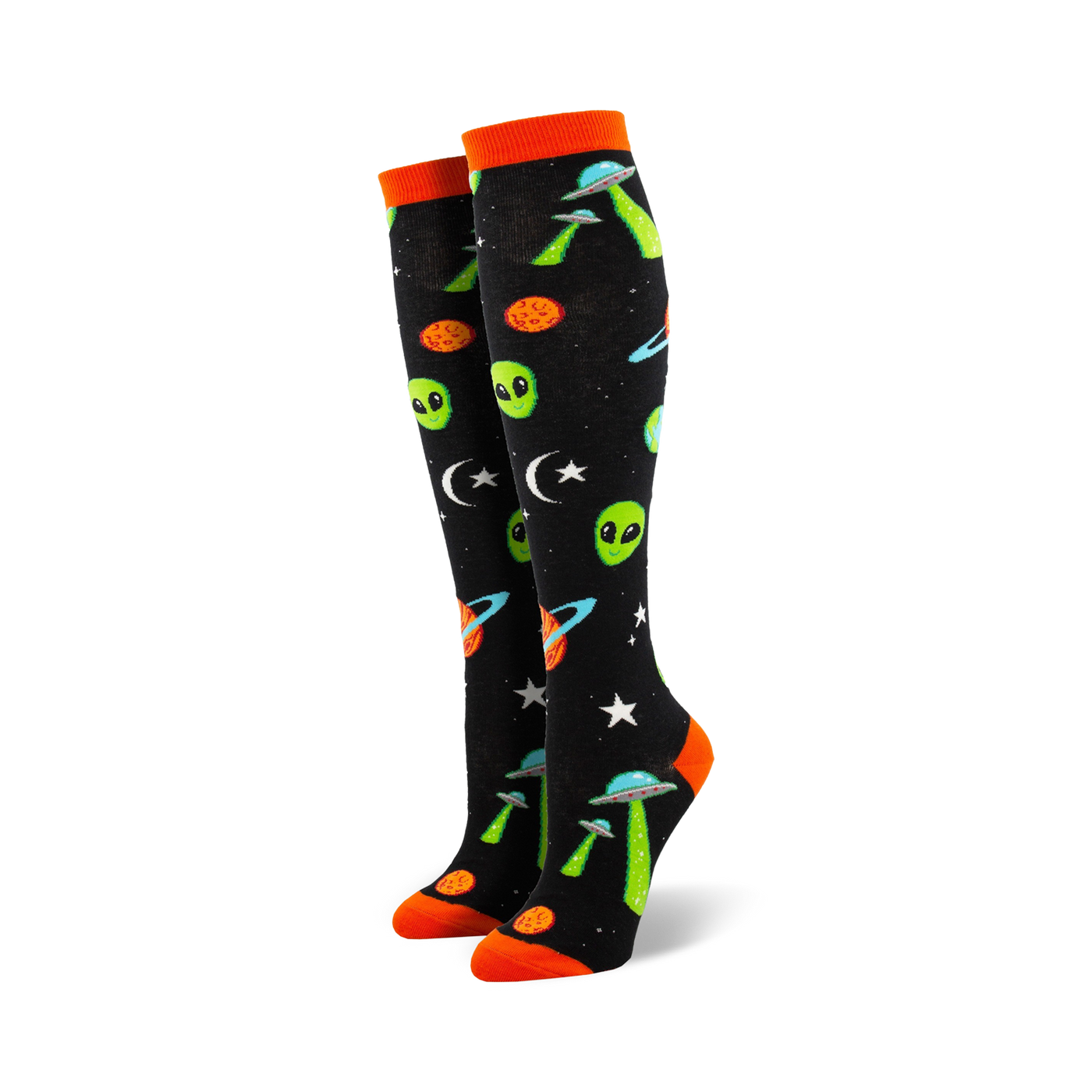 Pair of black knee-high socks with orange cuffs. Features green aliens, UFOs, planets, and stars.
