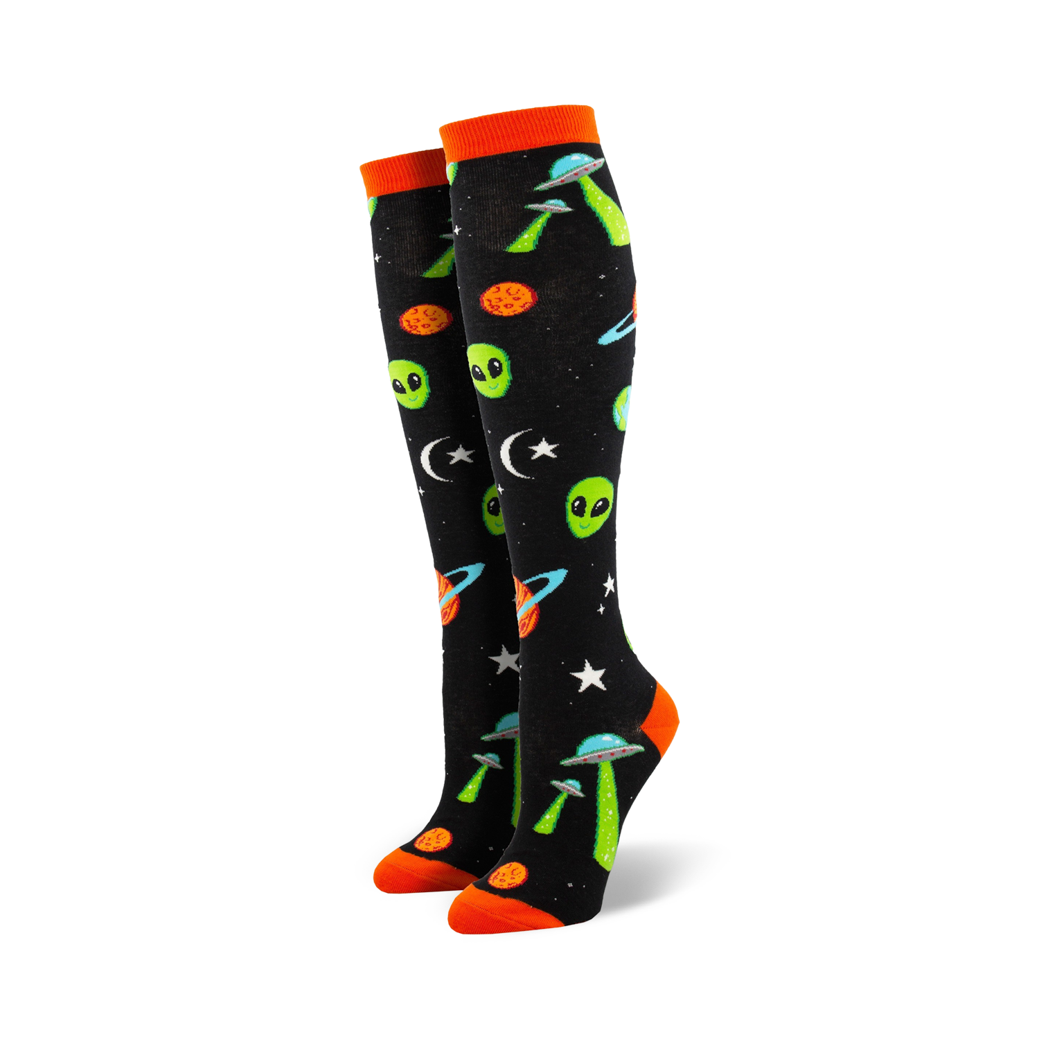 Pair of black knee-high socks with orange cuffs. Features green aliens, UFOs, planets, and stars.
