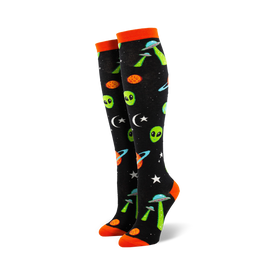 space age space themed womens black novelty knee high socks