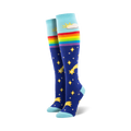 Pair of knee-high socks in blue with a rainbow, shooting stars, and a sun/cloud design. Light blue cuffs.