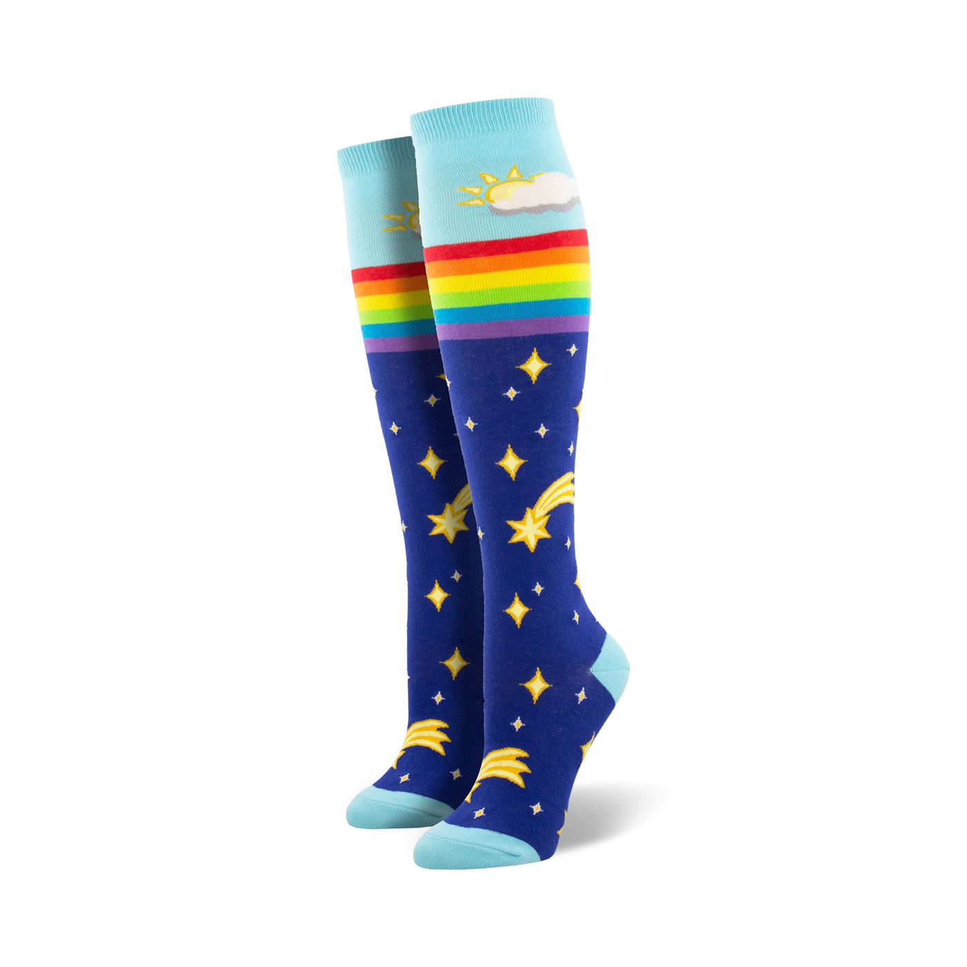 Pair of knee-high socks in blue with a rainbow, shooting stars, and a sun/cloud design. Light blue cuffs.